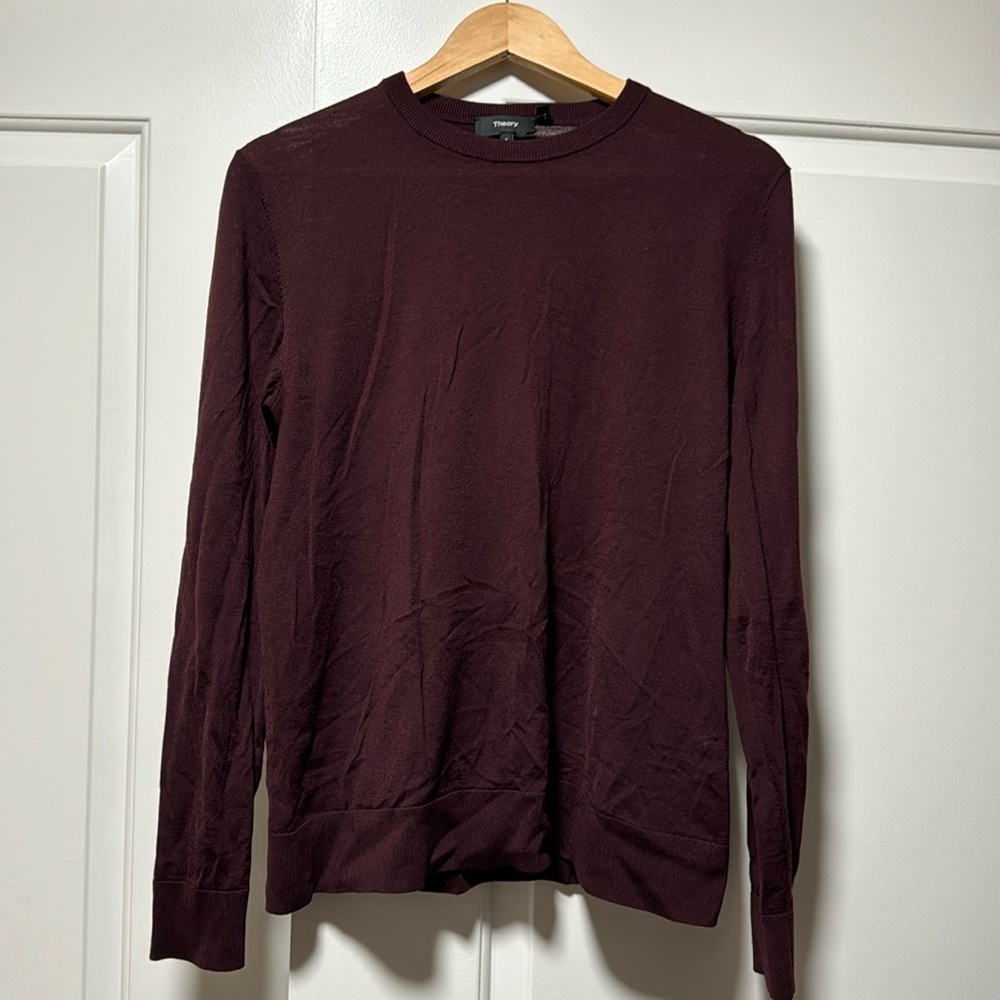 Lightly used Theory burgundy Riland crewneck wool sweater.